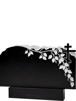 Горизонтальный памятник с православным крестом и резными листьями